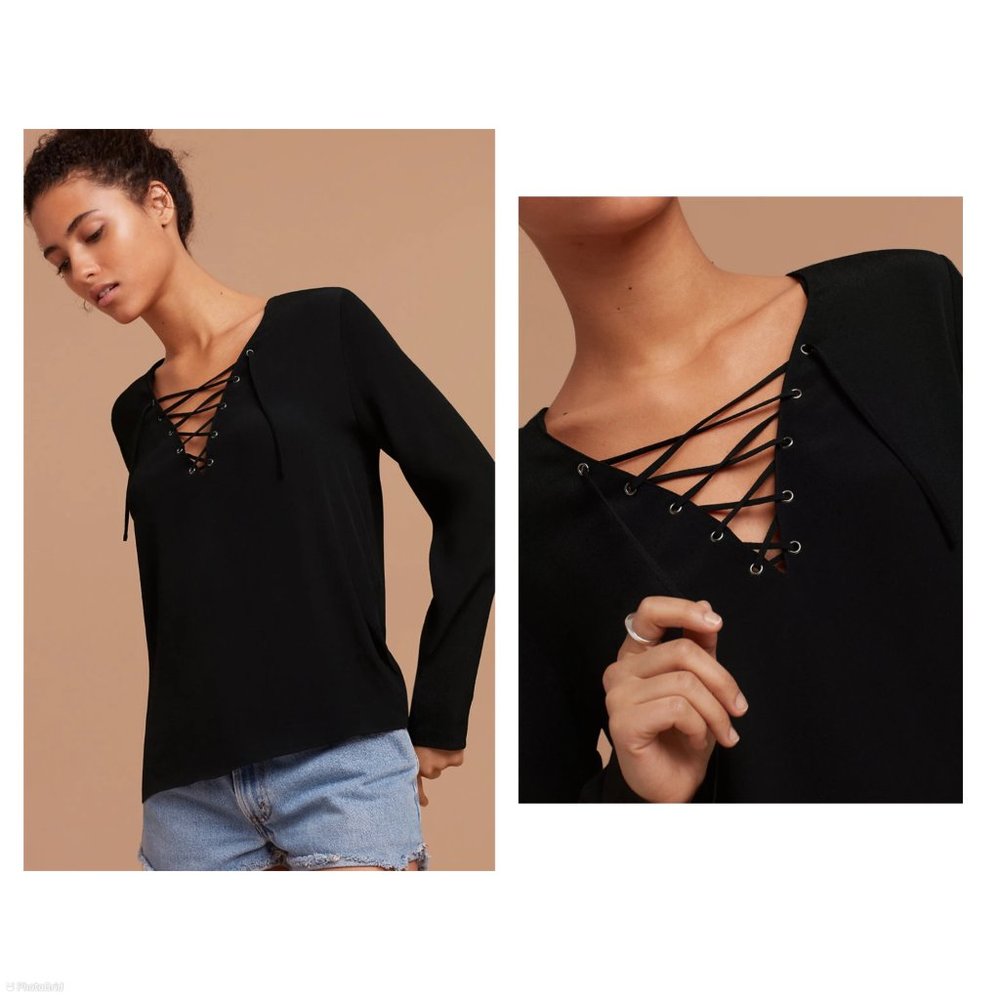 ❤️SOLD NWT Aritzia Wilfred Free Redling Red Tie Lace Neck Long Sleeve Blouse Top - Picture 2 of 13